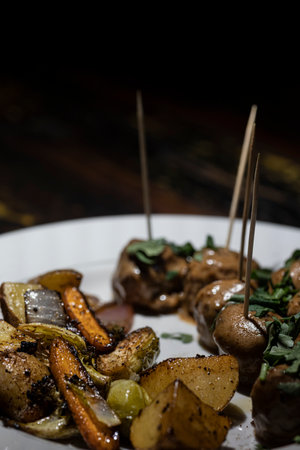 Swedish meatballs with roasted vegetables.の写真素材