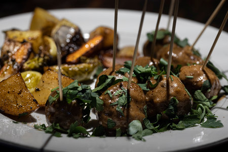 Swedish meatballs with roasted vegetables.の写真素材