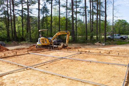 Construction site with rebar and excavator.