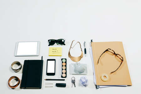 Aerial view of woman essentials at office の写真素材