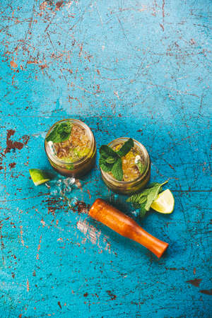 Overhead of two fresh mojitos cocktail  