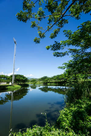 Stadium lamp in the blue skyの写真素材