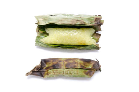 grilled sticky rice wrapped in banana leafの写真素材