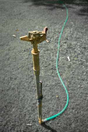 Rusty sprinkler in green lawnの写真素材
