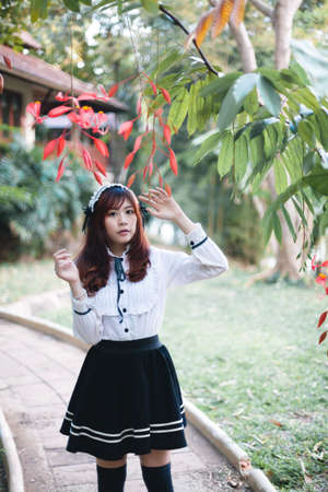 Charming Asian girl in japanese maid costume in film color styleの写真素材