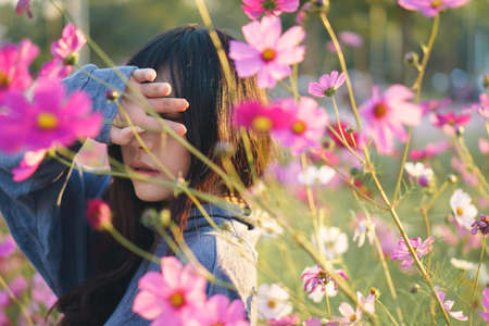 Charming Asian girl with beautiful Cosmos flowerの写真素材