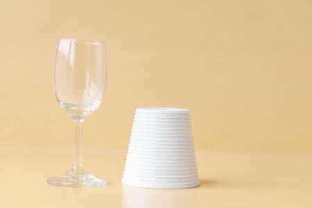 Wine glass decoration on wooden backgroundの写真素材