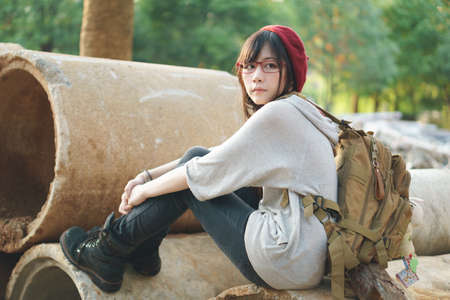 Portrait of Asian girl in construction siteの写真素材