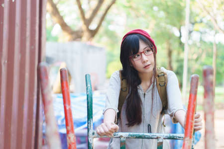Portrait of Asian girl in construction siteの写真素材