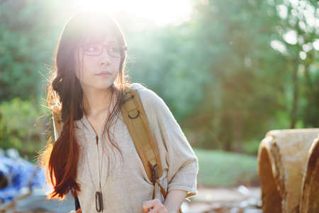 Portrait of Asian girl in construction siteの写真素材