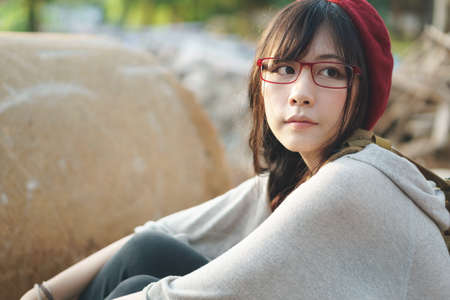 Portrait of Asian girl in construction siteの写真素材