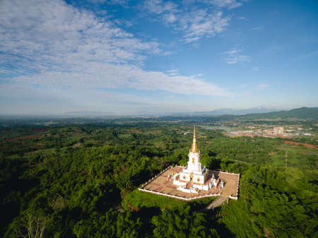 Aerial shot of big pagoda at top of mountain in Thai  public templeの写真素材
