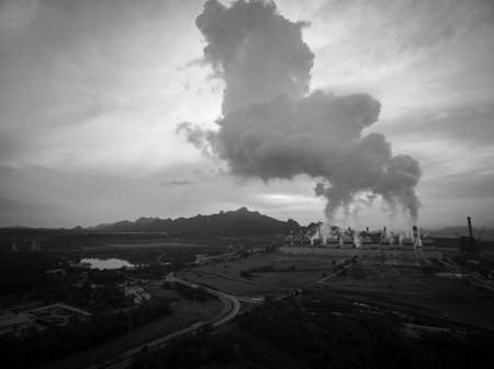 Aerial shot of  power plant at dawn