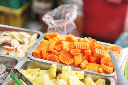 Fruit salad stall in walking street market in Thailandの写真素材