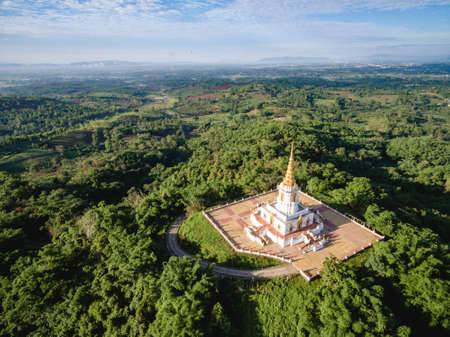 Aerial shot of big pagoda at top of mountain in Thai  public templeの写真素材