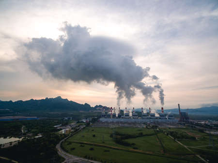Aerial shot of  power plant at dawnの写真素材