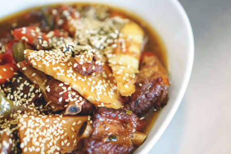 Korean beef stew on white bowl