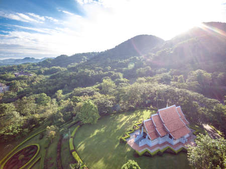 Aerial shot of Thai public temple in Mae Fah Luang Universityの写真素材