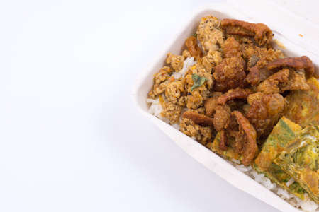 Thai food in plant fiber food box isolated on white backgroundの写真素材