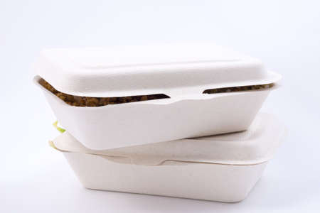 Thai food in plant fiber food box isolated on white background