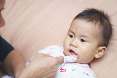 Mother cleans 8 months old baby mouth with a boiled  gauzeの写真素材