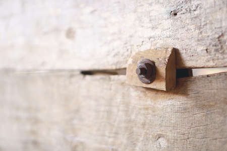Old weathered log wall texture with rusty screwの写真素材