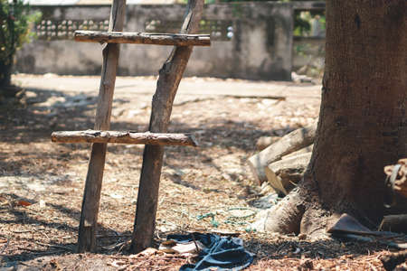 Old wooden ladder made of tamarind woodの写真素材