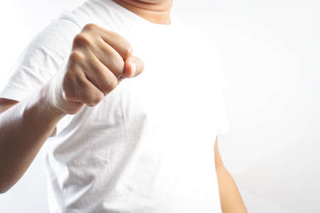 Man clenched fist on white backgroundの写真素材