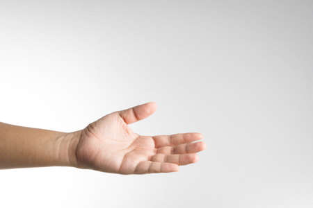 Man hand with palm up on white backgroundの写真素材