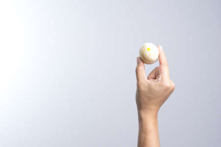 Hand holding Chinese pastry moon cake on white backgroundの写真素材