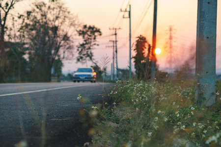 Sunset at countryside road in Asian countryの写真素材