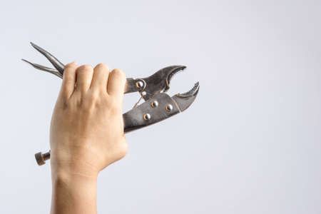 Hand holding locking pliers or mole grips on white backgroundの写真素材