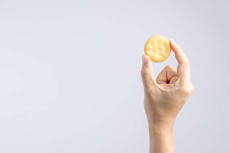 Hand holding round biscuit on white background