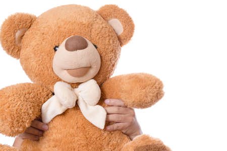 Hand holding brown cute fluffy teddy bear as a gift on white background
