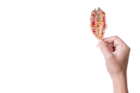 Hand holding sweet dried fish with white sesame, a traditional food preservation of thailandの写真素材