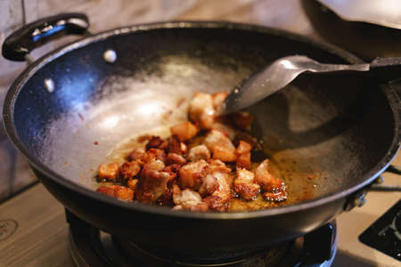 Deep fried crispy pork with skin cooking process with panの写真素材