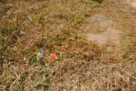 Busted and broken water pipe in yard from lawn mowerの写真素材