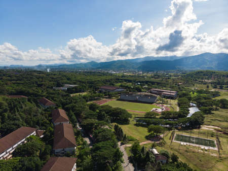 Aerial shot of football stadium at Mae Fah Luang, public university of Chiangrai, Thailandの写真素材