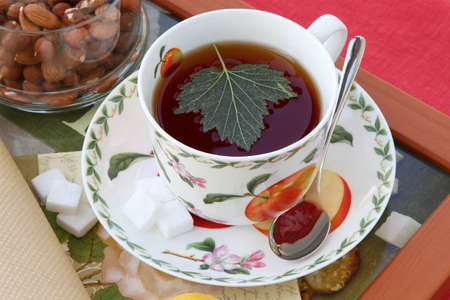 Freshly brewed black tea with currant leaf in a porcelain dishの写真素材