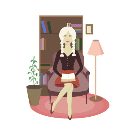 A girl with blond hair reads a book on an armchair in a cozy environment. Flat vector illustrationのイラスト素材