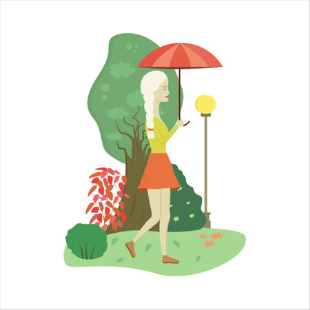A cute girl walks and relaxes with an umbrella in the park. Flat vector illustrationのイラスト素材