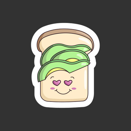 Funny avocado sticker with a smile. Food stickers set. Sticker of cupcake, bread, bacon, water, egg, croissant, avocado, cracker, cake. Vector illustrationのイラスト素材