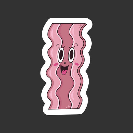 Funny bacon sticker with a smile. Food stickers set. Sticker of cupcake, bread, bacon, water, egg, croissant, avocado, cracker, cake. Vector illustrationのイラスト素材