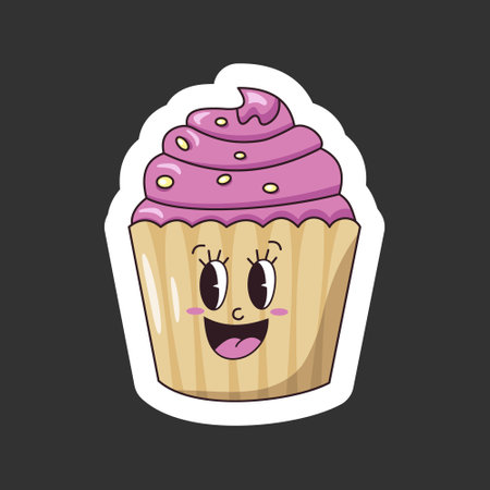 Funny cupcake sticker with a smile. Food stickers set. Sticker of cupcake, bread, bacon, water, egg, croissant, avocado, cracker, cake. Vector illustrationのイラスト素材