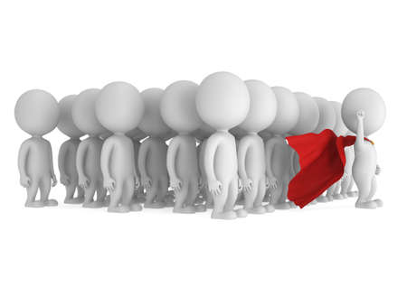 Brave superhero with raised fist stand before a crowd. Isolated on white 3d render. Leader, out of crowd concept.の写真素材