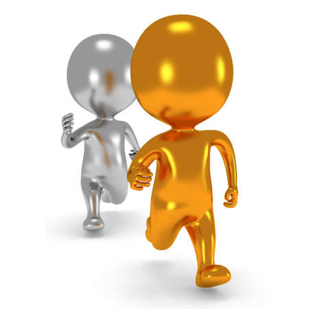 Gold and silver men running. 3D render isolated on white. Chase, fitness concept.の写真素材