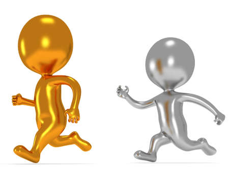 Gold and silver men running. 3D render isolated on white. Chase, fitness concept.