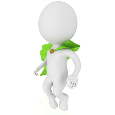 Man brave superhero with green cloak levitate above. Isolated on white 3d render. Flying, power,...