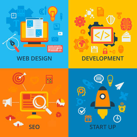 Set of 4 vector concept icons for web and mobile phone services and apps. Icons for web design, seo, application development and start upのイラスト素材
