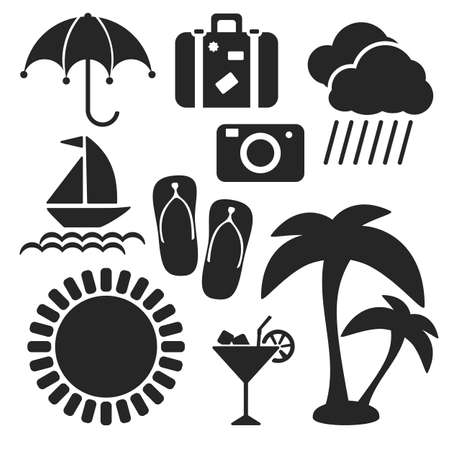 Set of summer and travel universal web and mobile logo icons isolated on white. Vector symbols of suitcase, sun, umbrella, cloud, rain, camera, palms, slippers, yacht, cocktailのイラスト素材